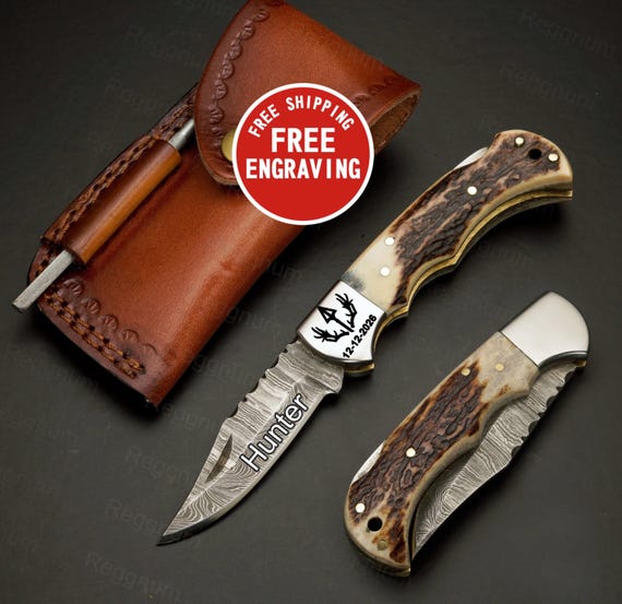 Handmade Damascus Pocket Folding Knife with Deer Antler Handle, FREE Engraving, Custom Engraved Gifts for groom, hunter, boyfriend, husband
