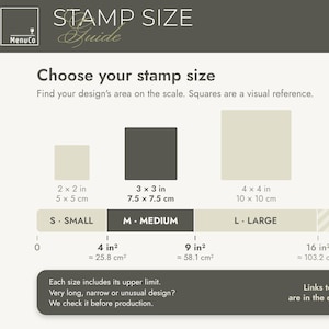 May include: A MenuCo stamp size guide chart featuring a scale for small, medium, and large stamps. It displays square dimensions in inches and centimeters, ranging from 2x2 inches to 4x4 inches, with a highlighted medium size option.