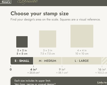 May include: A MenuCo stamp size guide chart displaying four square options labeled Small, Medium, Large, and Ask us. The chart provides dimensions in inches and centimeters, ranging from 2x2 inches to 4x4 inches, with a scale for area in square inches.