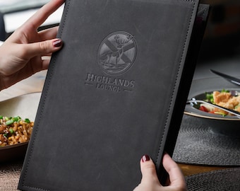 Speisekarten-Einband aus schwarzem Nubukleder | Speisekartenbuch für Cafés, Bistros und Bars mit V-Mount-Einschubbindung