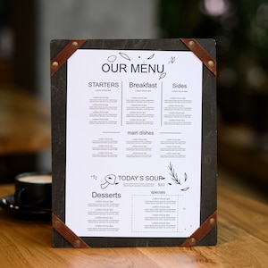 Prancheta de cardápio de restaurante, quadro de cardápio com gravação de logotipo, suporte para cardápio de bebidas com montagens de canto, cardápio personalizável, capa de cardápio