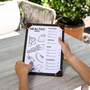 Prancheta de cardápio de restaurante, quadro de cardápio com gravação de logotipo, suporte para cardápio de bebidas com montagens de canto, cardápio personalizável, capa de cardápio