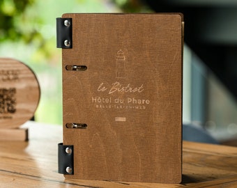 Personalisierbar Hölzernen Menü-Cover, Ringbuch, Logo Gravur