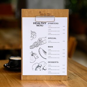 Okładka menu z segregatorem, Okładka menu restauracji, Uchwyty na menu, Okładka A5, Segregator z klipsem, Menu kawiarni, Drewniane menu baru, Menu w formacie prawnym