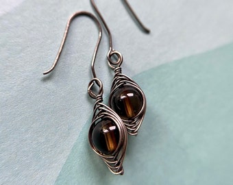 Wire wrapped sterling silver and smoky quartz earrings - "Hera"