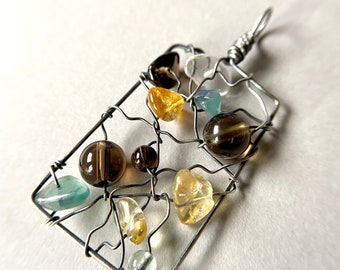 Sterling silver wire-wrapped gemstone pendant - "Sand and Sea"