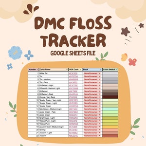 May include: A colourful chart with the DMC floss colour names, hex codes, and stock levels. The chart is titled "DMC Floss Tracker" and "Google Sheets File". The chart includes a colour swatch for each colour. The text at the bottom of the chart reads "All Basic 6-String Colours and Search Function" and "Other Categories of Floss Coming Soon!"