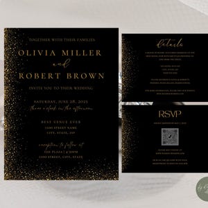Lot de faire-part de mariage glamour, code QR, ensemble de modèles scintillants, suite sur invitation élégante, réponse moderne en ligne, carte détaillée, noir et or