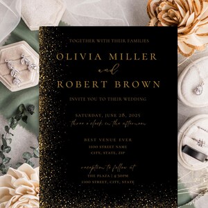 Modèle QR code de faire-part de mariage glamour, ensemble de modèles scintillants, suite d'invitations élégantes, RSVP en ligne moderne, carte de détails, noir et or