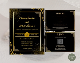Puede incluir: Elegante juego de invitaciones de boda en negro y dorado. La invitación principal presenta los nombres "Sophie Johnson y Peyton Turner" y los detalles del evento. Incluye una tarjeta de detalles y una tarjeta RSVP con un código QR.