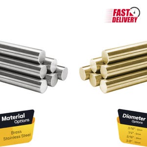 May include: A close-up of two stacks of metal rods. The stack on the left is made of stainless steel and the stack on the right is made of brass. The rods are available in various diameters, including 3/16 inch, 1/4 inch, 5/16 inch, and 3/8 inch.