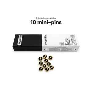 May include: A package containing 10 mini-pins. The pins are black with a gold lightning bolt design. The box is black and white, labelled "Mosaic Pin" and "MOSAUS". The text "This package contains 10 mini-pins" is above the box.