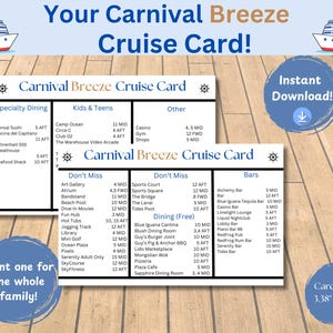 May include: A cruise card design with the text "Your Carnival Breeze Cruise Card!" and a list of dining, kids, and other activities. The card size is 8.59cm x 5.41cm. Includes a call to "Print one for the whole family!"