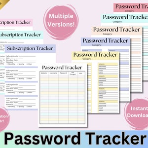 May include: Printable password and subscription trackers in various pastel colors. The trackers have sections for website, username, password, last changed, notes, subscription cost, purchase date, and renewal date. The text "Multiple Versions!" and "Instant Download!" is also included.