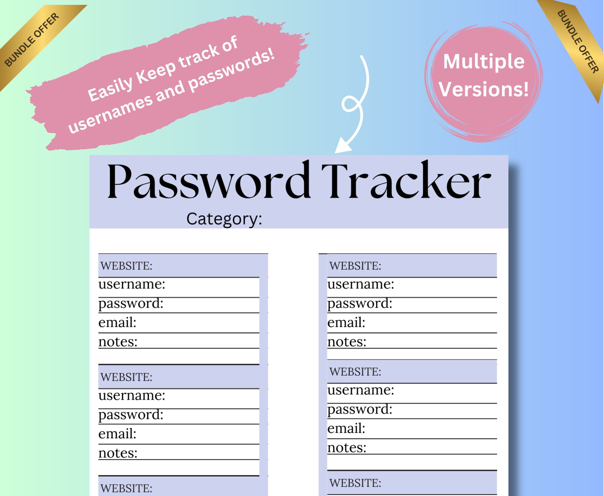 PASSWORD Form. Password List Sheet. Password Organizer. Subscription ...