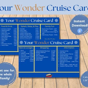 Könnte beinhalten: Eine blaue und gelbe druckbare Kreuzfahrtkarte mit dem Text "Your Wonder Cruise Card!" und Listen für Essen und Trinken, Bars und Lounges, Shopping und Informationen. Die Karte enthält auch ein Kompass-Symbol und ein kleines Schiffssymbol.