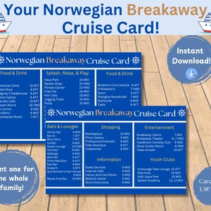 Puede incluir: Tarjeta de crucero azul con información sobre el Norwegian Breakaway. Incluye listas de restaurantes, bares, tiendas y entretenimiento. Tamaño de la tarjeta: 8,59 cm x 5,41 cm.