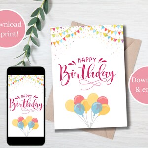 Biglietto digitale di buon compleanno, biglietto di auguri stampabile, biglietto stampabile con busta, download digitale istantaneo 5x7", PDF, palloncini