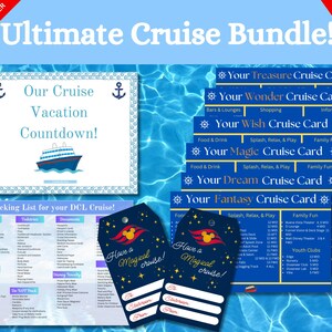 以下が含まれることがあります： カウントダウンシート、パッキングリスト、クルーズカード、そして「Have a Magical Cruise!」と書かれたタグが付いた、印刷可能なディズニー・クルーズのバケーションバンドルです。クルーズカードは青と黄色で、アクティビティ、食べ物、飲み物の選択肢がリストされています。カウントダウンシートは白地に青と白のボーダーで、クルーズ船が描かれています。パッキングリストはピンク、青、白で、クルーズに持っていくべきものがリストされています。