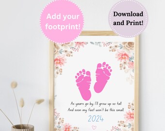 Adorable Newborn Pink Baby Footprint Art, Baby&#39;s First Footprint Keepsake, Baby&#39;s First Footprint, Art, Newborn, Pink, Baby Footprint