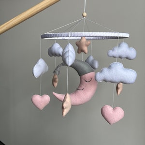 Handmade Cloud Baby Mobile: Pink Moon, Gray & Pink Felt Nursery Decor