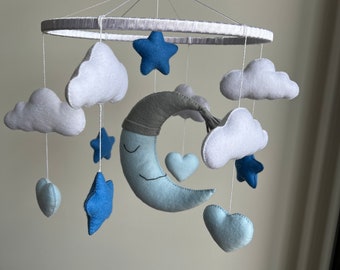 Handmade Baby Mobile: Felt Moon, Stars & Clouds - Neutral Nursery Decor