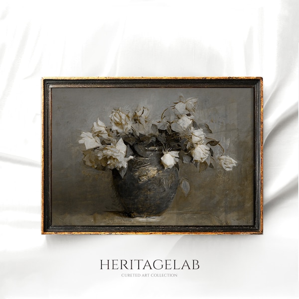 Vintage Vase Painting, Flower Print, Antique Botanical, Rustic Floral Wall Decor, Mailed Art, SL51