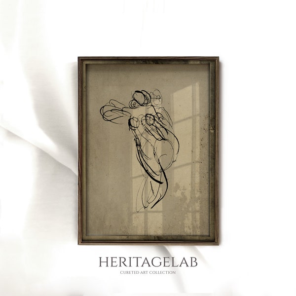 Abstract Figure Study Wall Art for Minimalist Decor, Vintage Sketch  S05 [Golden Scrolls]