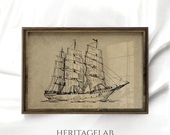 Vintage Nautical Drawing Print, Ship Art, Neutral Wall Decor, MAILED, S14 [Golden Scrolls]
