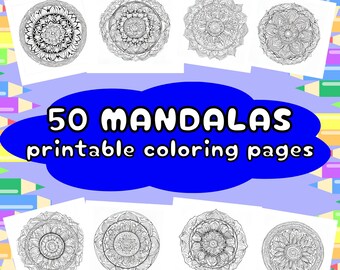 Pode incluir: Um conjunto de 50 páginas para colorir de mandalas imprimíveis. A imagem mostra seis exemplos de mandalas, que são desenhos intrincados e detalhados em preto e branco.