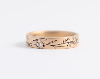 Botanical Yellow Gold Wedding Ring made with Ethical Gold and Recycled Heirloom Diamonds