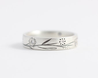 Botanical White Gold Wedding Ring made with Ethical Gold and Recycled Heirloom Diamonds