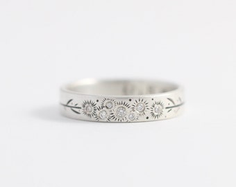 Botanical White Gold Wedding Ring made with Ethical Gold and Recycled Heirloom Diamonds