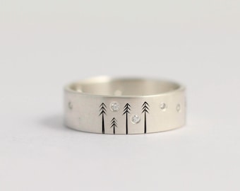 Unique Wedding Ring, Wedding Ring or Engagement Ring with Pine Trees Matte White Gold 6mm random height pines with diamond stars