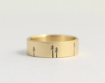 Unique Wedding Band Wedding Ring Engagement Ring with Pine Trees Yellow Gold Woodland Wedding 6mm Wide