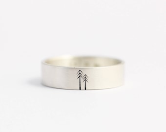 Wedding Band or Engagement Ring in recycled sterling silver with woodland pines 4mm Sterling Silver