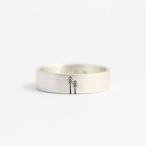 Wedding Band or Engagement Ring in recycled sterling silver with woodland pines 4mm Sterling Silver