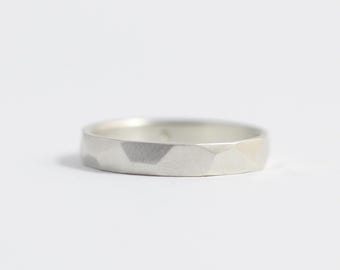 Asymmetrical Facets Wedding Band: Recycled Sterling Silver, White Gold or Platinum Textured Ring