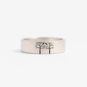 Unique Wedding Band or Engagement Ring with Birds in Trees 6mm 9ct White Gold image 1