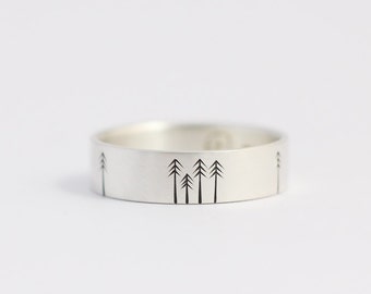 Unique Wedding Band, Wedding Ring or Engagement Ring with Pine Trees Matte White Gold 6mm random height pines