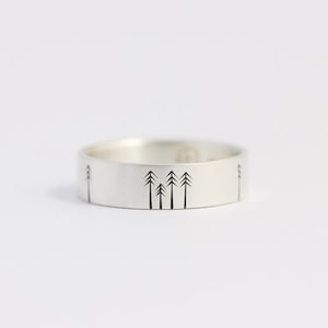 Unique Wedding Band Wedding Ring Engagement Ring with Pine Trees Recycled Silver Woodland Wedding 6mm Wide