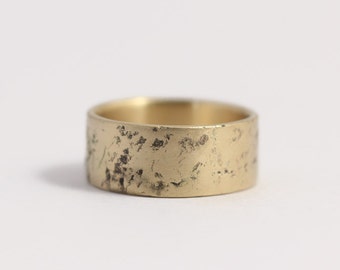 Distressed Wedding Band or Engagement Ring wide ring distressed yellow gold 8mm 14ct Yellow Gold