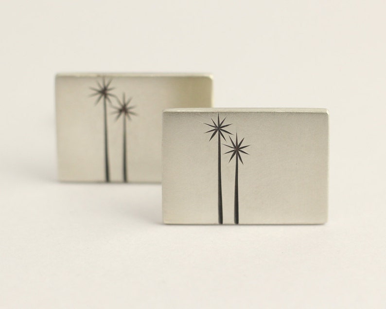 Cufflinks in Sterling Silver With Native New Zealand Tree Etchings image 1