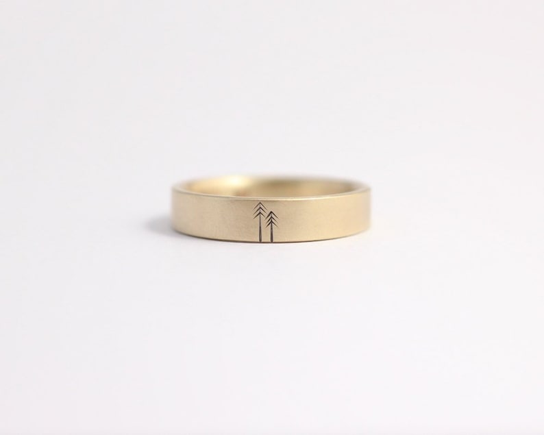 Wedding Band or Engagement Ring in yellow gold with woodland pines 4mm 14ct Yellow Gold image 1