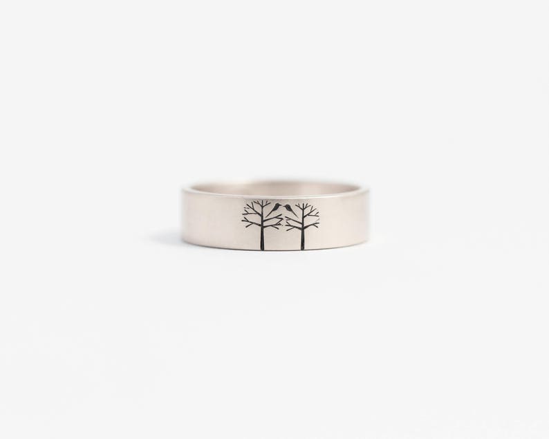 Unique Wedding Band or Engagement Ring with Birds in Trees 6mm 9ct White Gold image 1