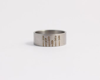 Titanium Wedding Band Wedding Ring with Pine Trees