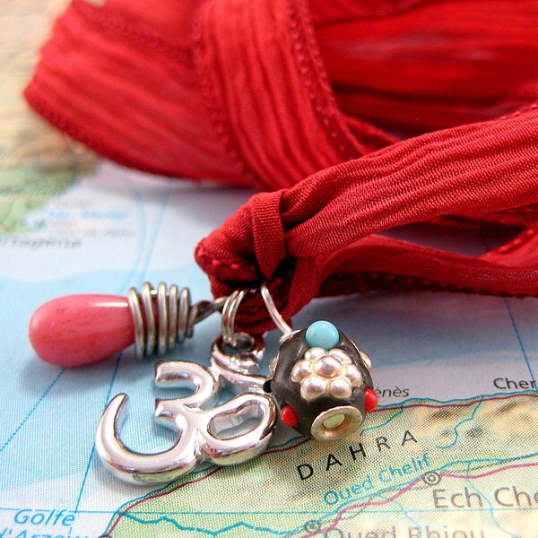 Yoga Wrap Necklace/Bracelet with Silver Om Pendant on Dyed Burnt Orange Silk Ribbon