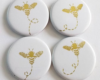 Gold bee magnets, home and living, kitchen magnets, refrigerator magnets, set of four, bumblebee gift, home decor, stocking stuffer