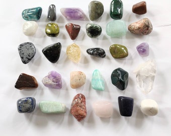 Crystal magnet grab bag, set of four crystal refrigerator magnets, mix of tumbled and raw crystals