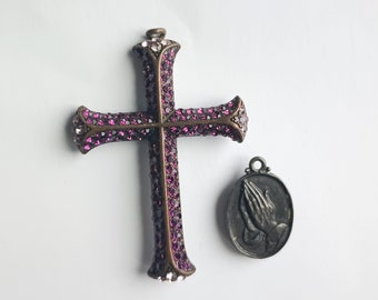 Vintage gem Cross and praying hands medallion, vintage jewelry, refrigerator magnets